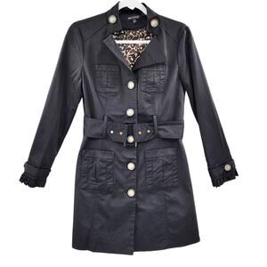 Vintage For Cynthia Black Trench Coat Leopard Print Ruffle Belted Women's Size M
